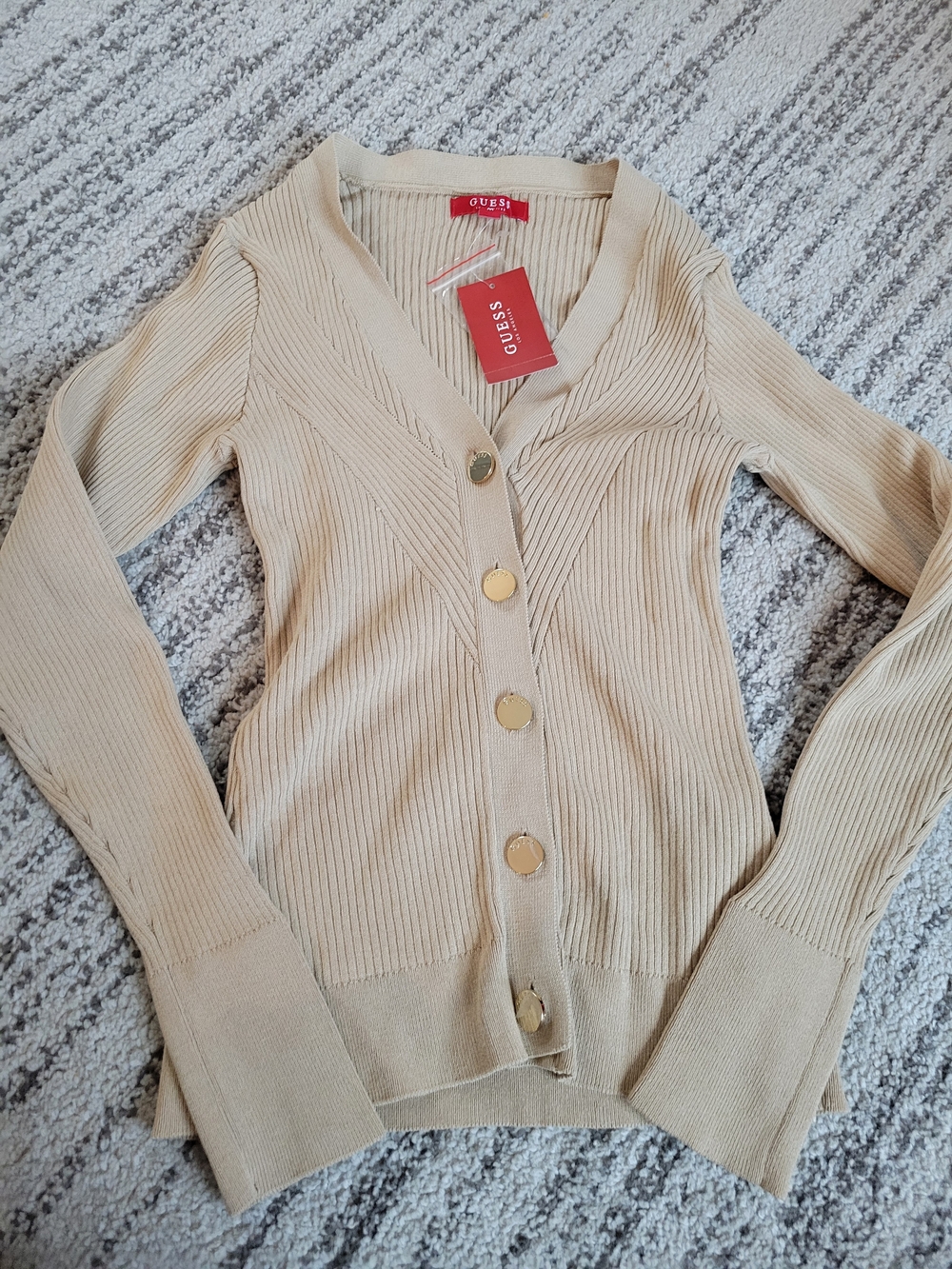 GUESS Beige Ribbed Button V-Neck Cardigan with Gold-Tone Buttons